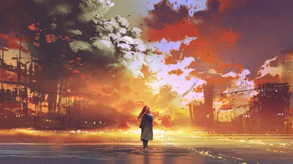 Deurstickers woman standing on the sea looking at the burning city, digital art style, illustration painting © grandfailure