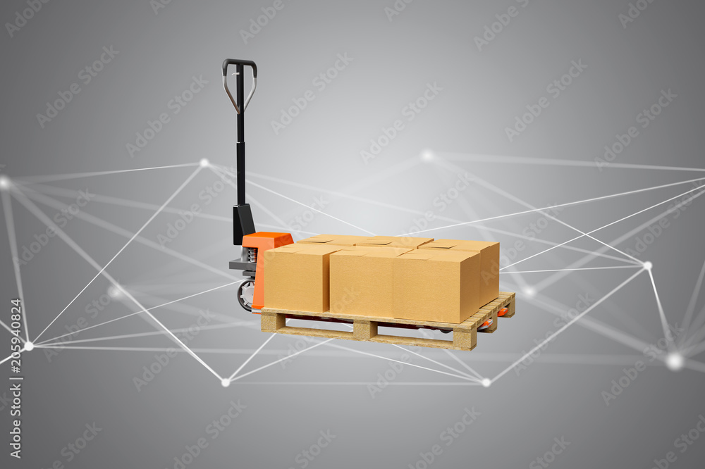Aufkleber pallet truck and carboxes with network connection system - 3d render