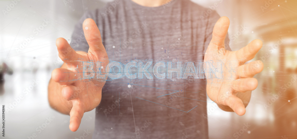 Poster man holding a blockchain title isolated on a background