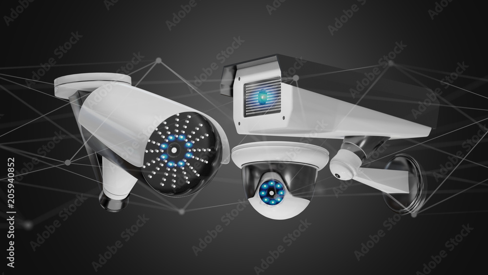 Poster security camera system and network connection - 3d rendering
