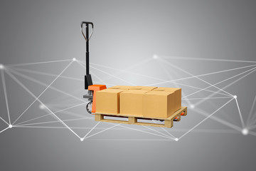Pallet truck and carboxes with network connection system - 3d render
