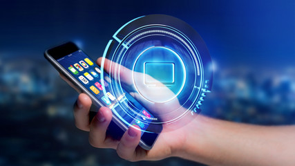 Businessman using a Shinny technologic computer button on a smartphone - 3d render