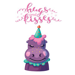 postcard hippo smiling in a cap day birthday hugs and kisses. vector