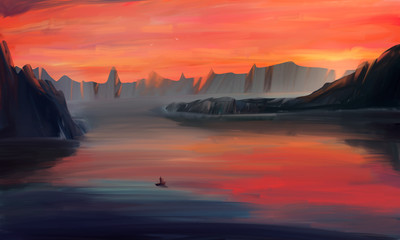 Sunset at sea. Digital art.