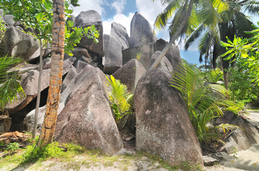 Granite rock formations on beaches of the island La Digue , Seychelles
