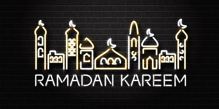 Vector realistic isolated neon sign of Ramadan Kareem logo for decoration and covering on the wall background. Concept of Happy Ramadan Kareem.