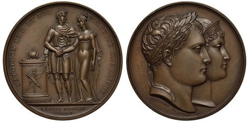 France French medal mid-19th century Napoleon second marriage to Louisa of Austria in 1810, two standing figures near altar, conjoined heads of Napoleon and Louisa right, bronze - obrazy, fototapety, plakaty