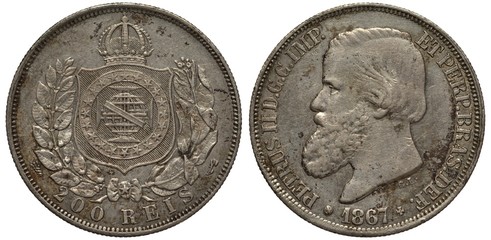 Brazil Brazilian coin 200 two hundred reis 1867, crowned shield flanked by branches, Emperor Pedro II left, silver,