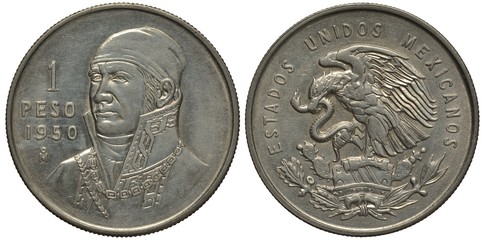 Mexico Mexican coin 1 one peso 1950, bust of Hose Maria Morelos y Pavone, eagle on cactus catching snake, silver,