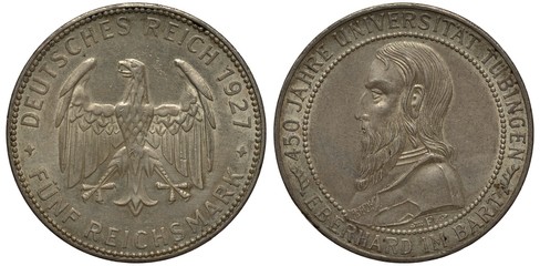 Germany German coin 5 five mark 1927, Weimar Republic, 450th anniversary of Tubingen University, eagle in center, denomination below, bust of person in medieval dress, silver,