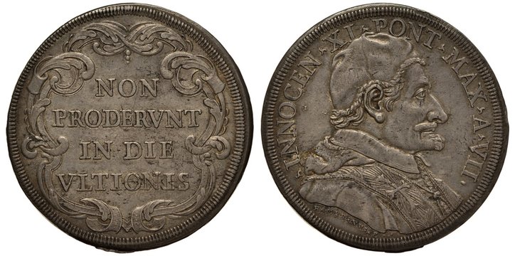 Vatican City coin 1 one piaster 1682/1683, motto in Latin No profit in the day of vengeance (?), bust of pope Innocent XI in ceremonial dress right, silver,