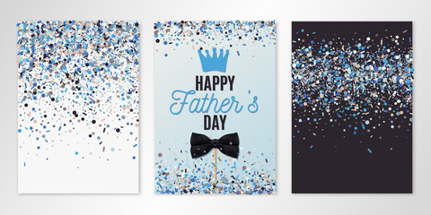 Fathers Day banners set of three sheets with flying confetti. Vector flyer design templates for invitation cards, brochure design, certificates. All layered and isolated