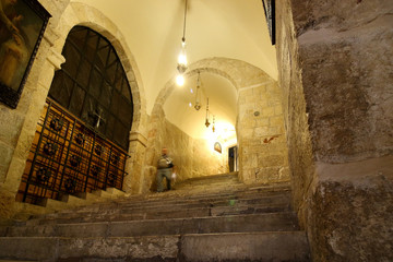 Jerusalem, Israel - May 16, 2018: View of a staircase in the Church of the Holy Sepulchre in...