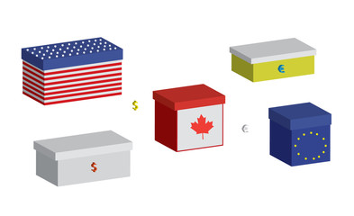 Collection of symbolic boxes for dollars and euros, vector format.