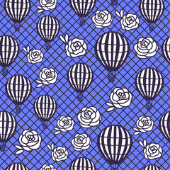 Vector Seamless Pattern Hot Air Balloon and hand drawing rose flowers