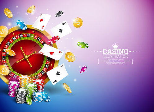 Casino Illustration with roulette wheel, falling gold coins and playing chips on blue background. Vector gambling design with poker cards and dices for party poster, greeting card, invitation or promo