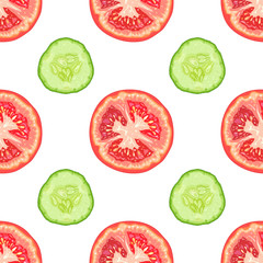 Vector seamless pattern of tomato slices and cucumber slices on white background