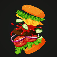 Flying burger separated showing all ingredients on a blackboard.