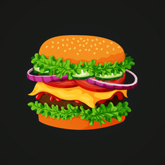 Meat burger icon. Meat patty, sesame topped bun, lettuce, cucumber, onion, tomato, cheese and ketchup.
