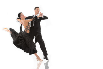 ballroom dance couple in a dance pose isolated on white - obrazy, fototapety, plakaty