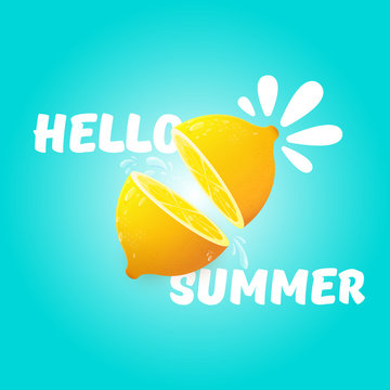 Vector Hello Summer Beach Party Flyer Design template with fresh lemon isolated on azure background. Hello summer concept label or poster with orange fruit and typographic text.