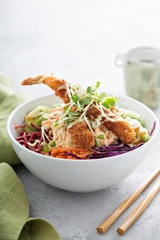 Poke or sushi bowl with fried shrimp