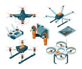 Different isometric illustrations of drones and quadcopters