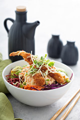 Poke or sushi bowl with fried shrimp
