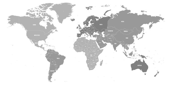 Map of World. Political map divided to six continents - North America, South America, Africa, Europe, Asia and Australia. Vector illustration in shades of grey with country name labels.