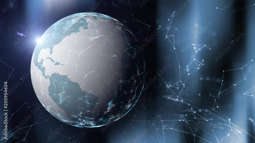 Poster futuristic spinning earth planet with futuristic network animation background. view from space.