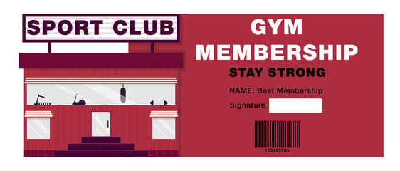 membership of a sports club, a season ticket to a sports club,sports center building, room with exercise machines, healthy lifestyle, sports club, vector image, flat design,