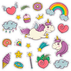 Magic wand, unicorn, rainbow, sweets, ice cream. Set of stickers patches badges pins prints for kids. Cartoon style.