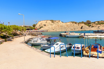 Fishing boats moored In Kolymbia harbor. Rhodes island. Greece