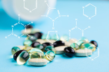 The concept of a healthy diet, a white jar with space for text and tablets, bioactive supplements,...