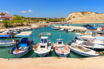 Colorful fishing boats moored In Kolymbia harbor. Rhodes island. Greece