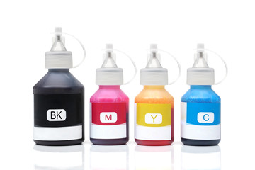Printer ink bottles for inkjet printers isolated on white background