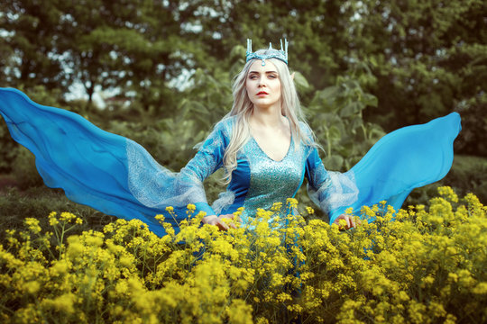 Portrait of a beautiful elf woman in a blue dress.