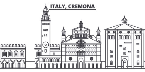 Italy, Cremona line skyline vector illustration. Italy, Cremona linear cityscape with famous landmarks, city sights, vector design landscape.  - obrazy, fototapety, plakaty