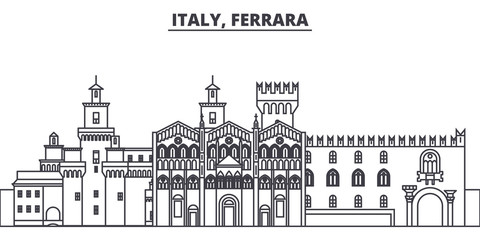 Italy, Ferrara line skyline vector illustration. Italy, Ferrara linear cityscape with famous landmarks, city sights, vector design landscape.  - obrazy, fototapety, plakaty