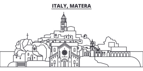 Italy, Matera line skyline vector illustration. Italy, Matera linear cityscape with famous landmarks, city sights, vector design landscape.  - obrazy, fototapety, plakaty