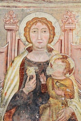 Obraz premium Madonna con Bambino; affresco nella chiesa romanica di San Giorgio in Lemine ad Almenno San Salvatore