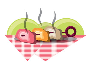 grilled sweker on picnic tablecloth over white background, vector illustration
