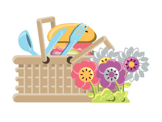 picnic basket with hamburger and flowers over white background, vector illustration