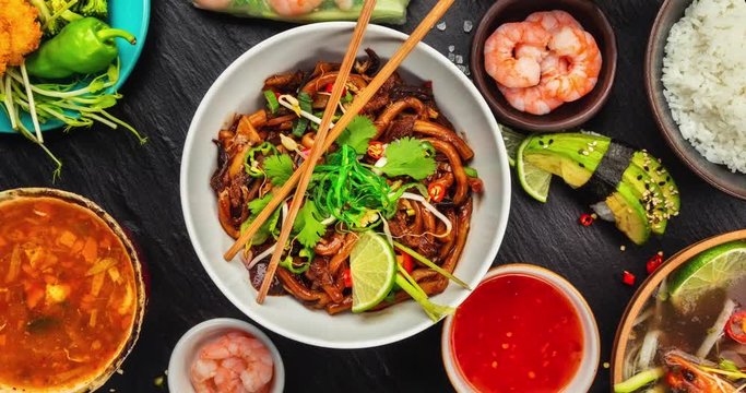 Various kind of Asian food with motion effect.