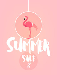 Summer festive card with flamingo and text on pink background. Flat design. Vector banner for sale.