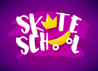 Bright summer banner with skateboard, crown and text on violet background. Flat design. Vector card.
