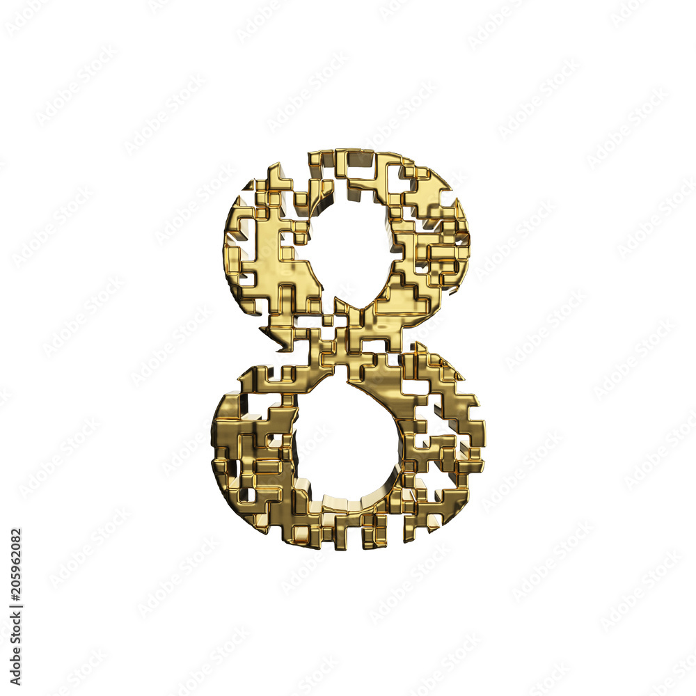 Poster alphabet number 8. golden font made of yellow metallic shapes. 3d render isolated on white backgroun