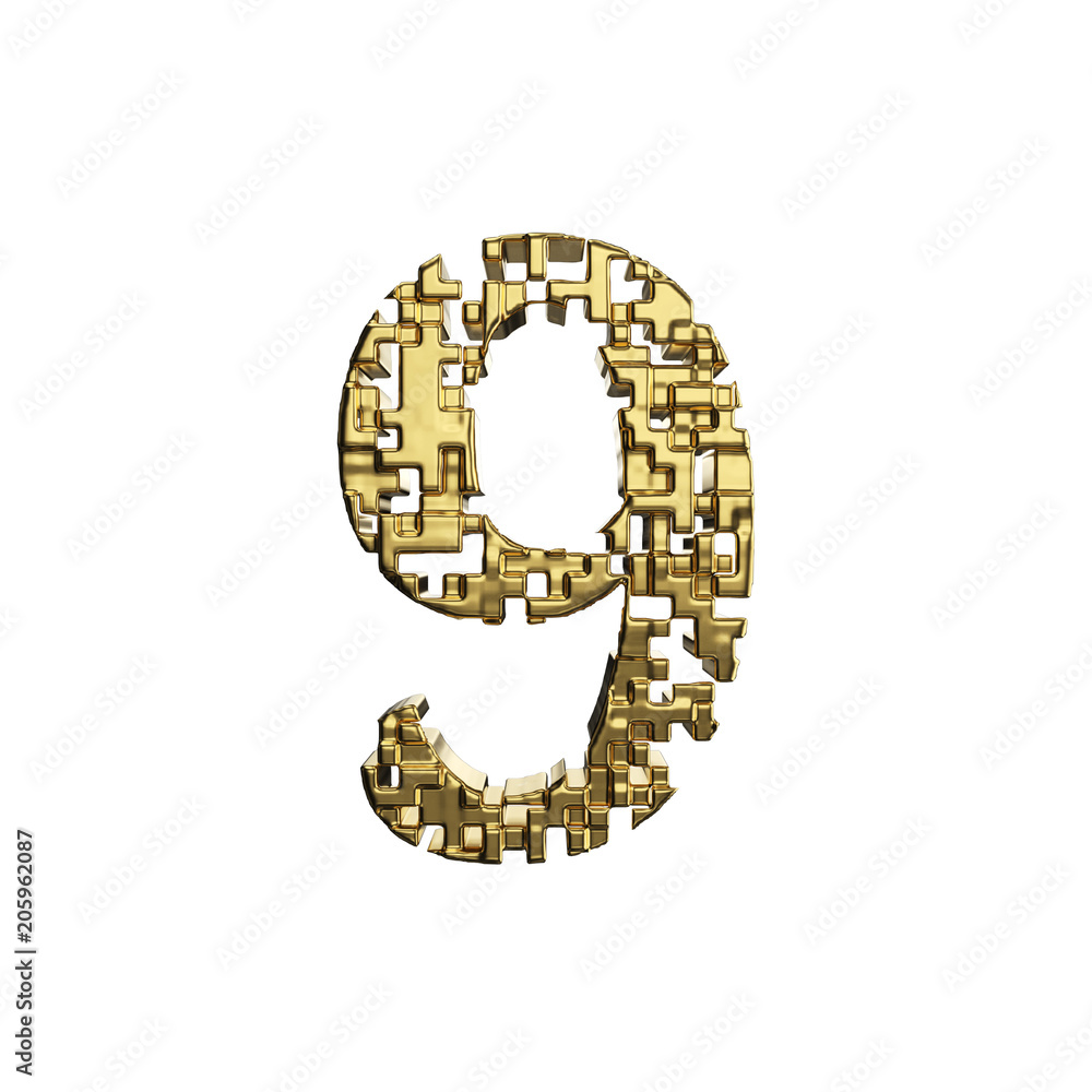 Poster alphabet number 9. golden font made of yellow metallic shapes. 3d render isolated on white backgroun
