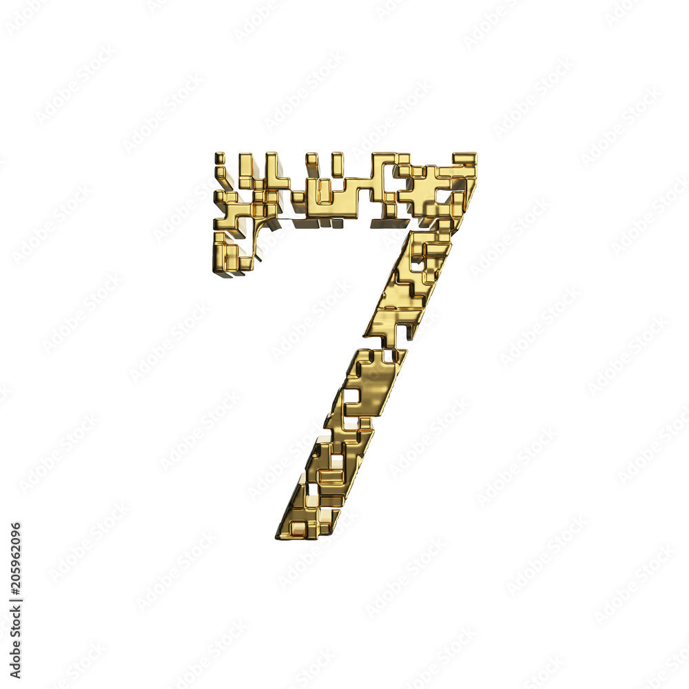 Poster alphabet number 7. golden font made of yellow metallic shapes. 3d render isolated on white backgroun