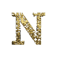 Alphabet letter N uppercase. Golden font made of yellow metallic shapes. 3D render isolated on white background.